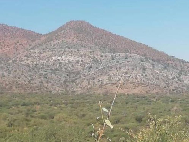 A scenic view of the surrounding natural landscape and mountain range, showcasing the expansive outdoor environment of the small holding.