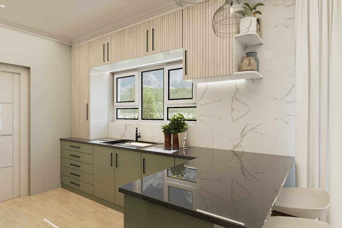 Modern kitchen featuring sleek cabinetry, stone countertops, integrated sink, and marble-look splashback, offering a clean and contemporary aesthetic.