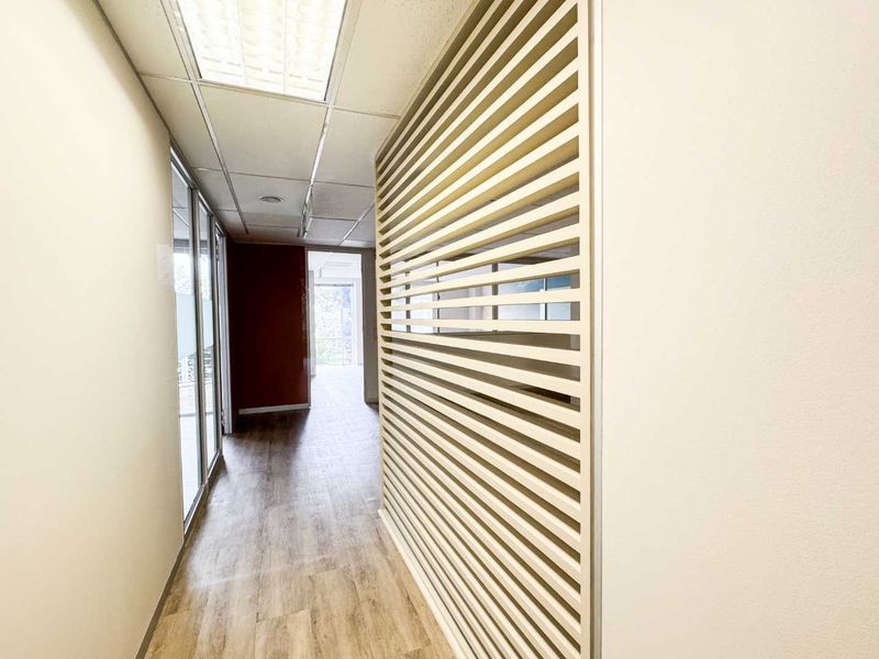 A bright, modern office hallway featuring a decorative slatted timber partition, suspended ceiling with recessed lighting, and durable laminate flooring.