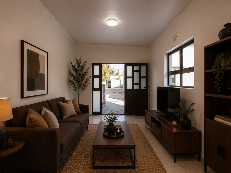A well-maintained living room featuring tiled floors, modern aluminium windows, and a stylish frosted glass door leading to the exterior.