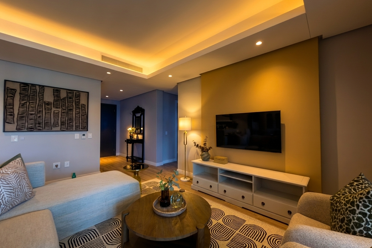 A modern living room featuring a recessed ceiling with warm ambient cove lighting, a feature wall, and integrated air conditioning vents.