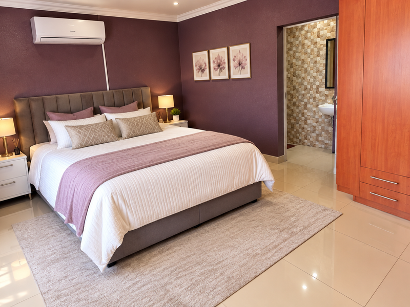 A well-maintained bedroom featuring tiled flooring, a built-in wardrobe, and an en-suite bathroom, complemented by a wall-mounted air conditioning unit.