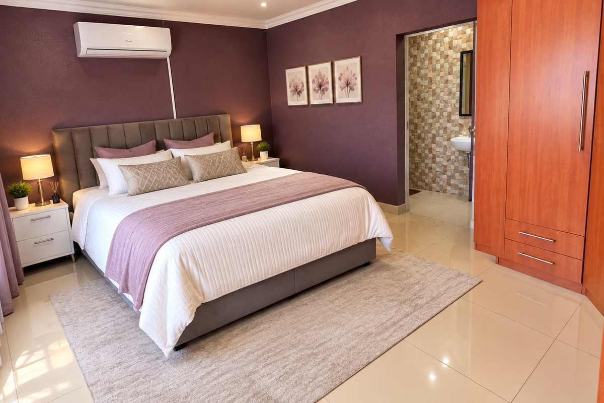 A well-maintained bedroom featuring tiled flooring, a built-in wardrobe, and an en-suite bathroom, complemented by a wall-mounted air conditioning unit.