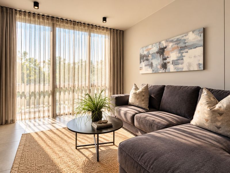 A bright and modern living room featuring large floor-to-ceiling windows with sheer curtains, neutral tiled flooring, and recessed ceiling lighting.
