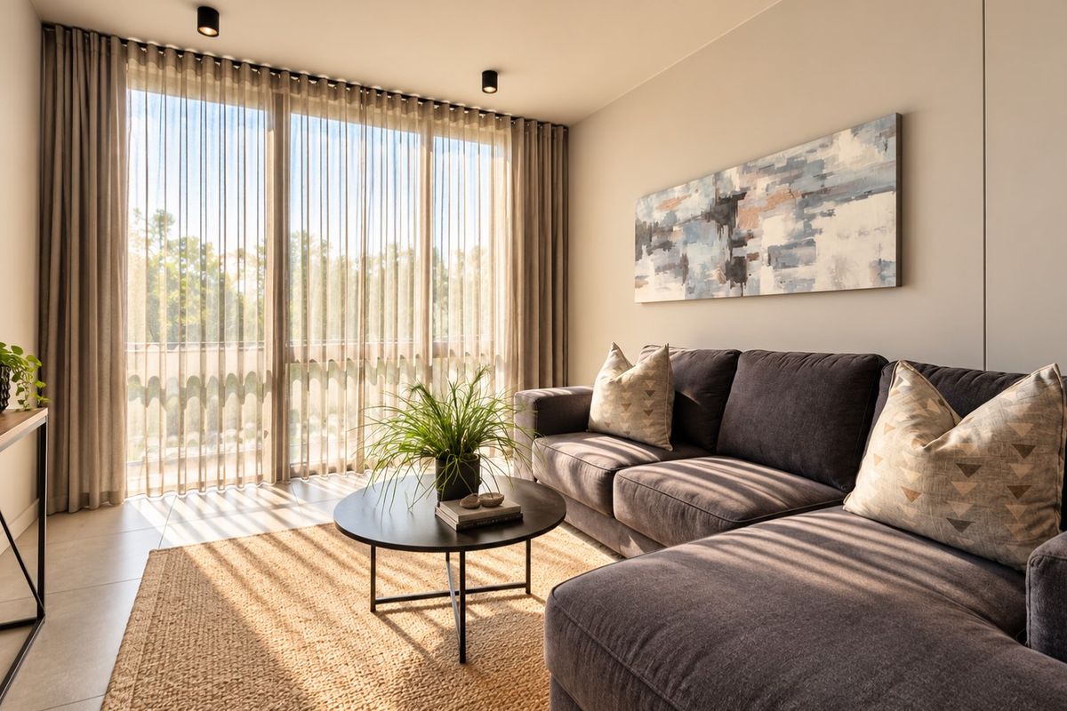A bright and modern living room featuring large floor-to-ceiling windows with sheer curtains, neutral tiled flooring, and recessed ceiling lighting.