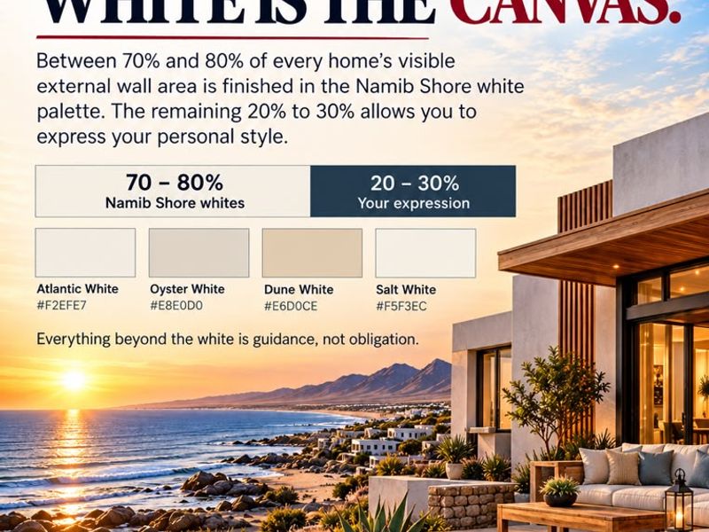 A promotional image for a coastal residential development featuring a modern patio overlooking the ocean at sunset.