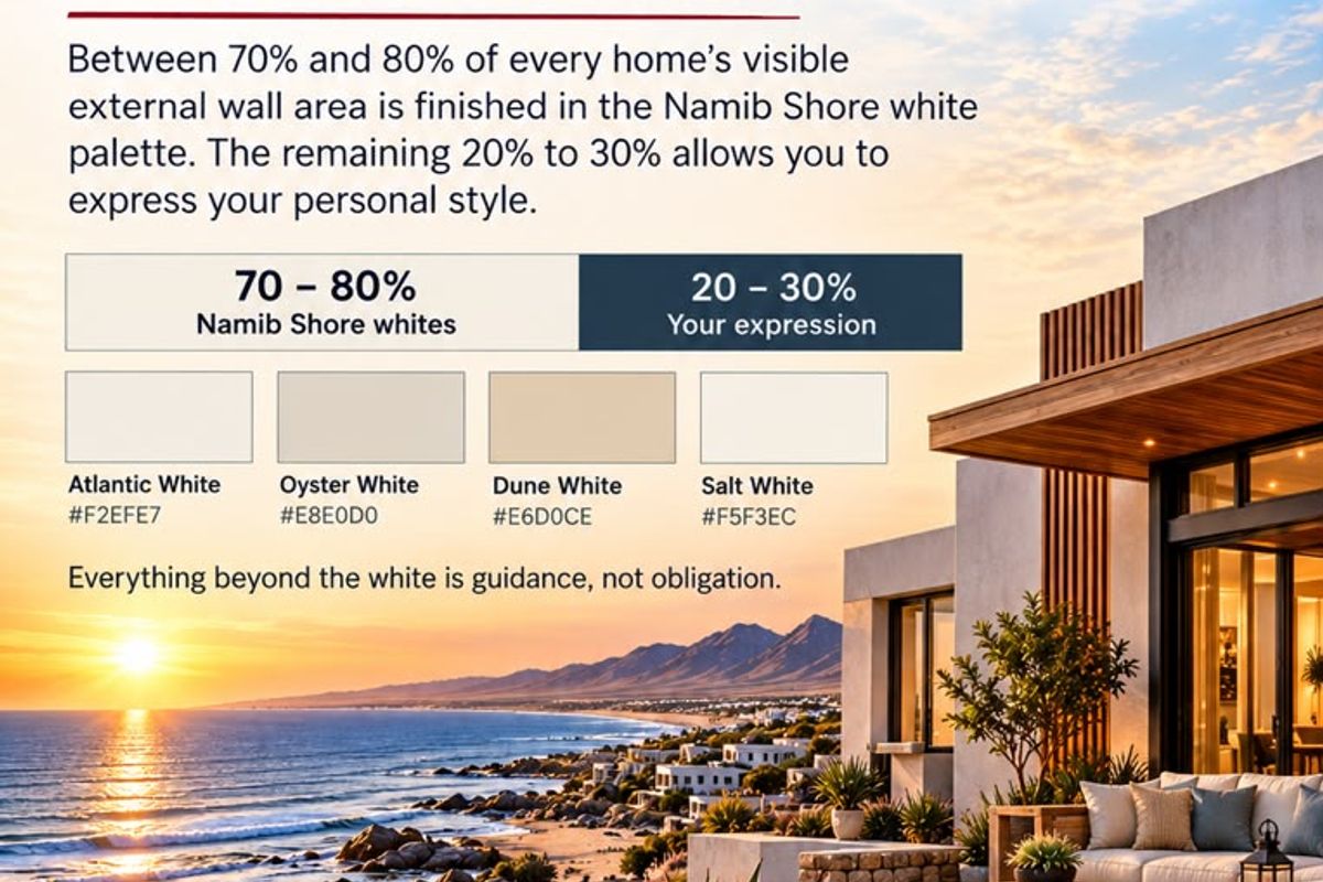 A promotional image for a coastal residential development featuring a modern patio overlooking the ocean at sunset.