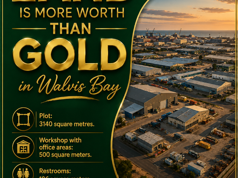 Aerial view of an industrial property in Walvis Bay featuring warehouse facilities, office space, restrooms, and a wash bay on a 3140 square metre plot.
