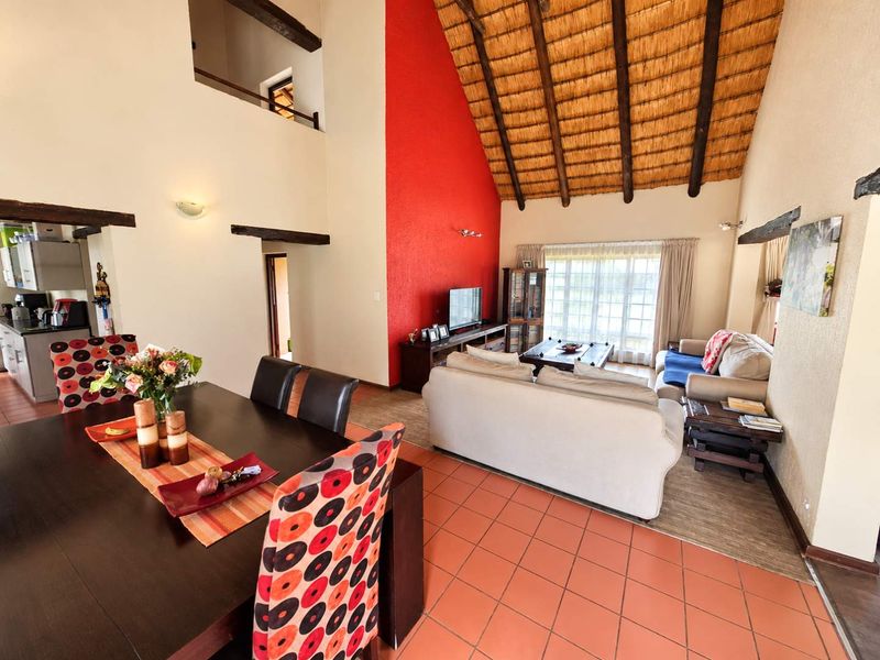 Spacious open-plan living and dining area featuring high vaulted ceilings with exposed timber rafters, a thatched roof, and terracotta tiled flooring.