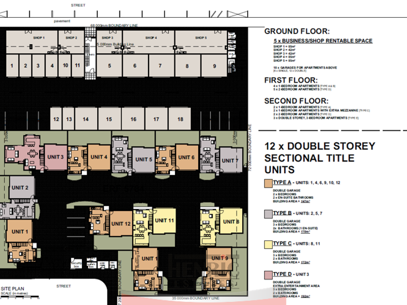 A detailed site plan and floor layout diagram illustrating the arrangement of business units and residential sectional title apartments within the property complex.