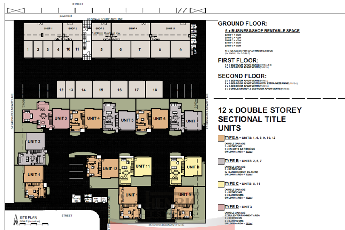 A detailed site plan and floor layout diagram illustrating the arrangement of business units and residential sectional title apartments within the property complex.