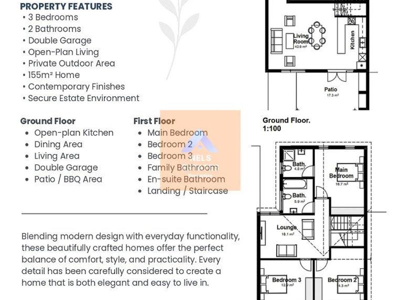 Architectural floor plan for a three-bedroom townhouse unit, detailing the ground floor living areas and first-floor bedroom layout.