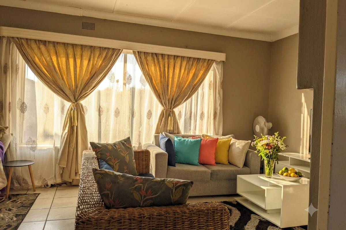 A sunlit living room featuring tiled flooring and a large window with curtain treatments, offering a comfortable and bright living space.
