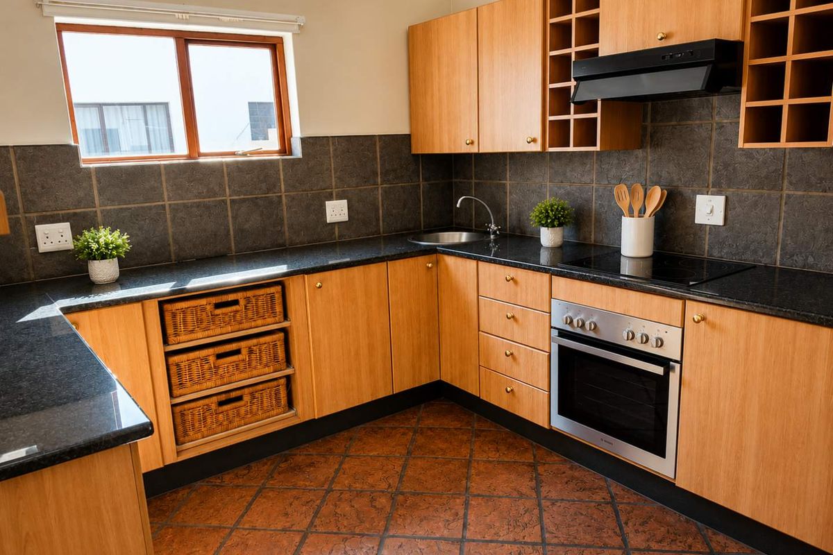 A functional kitchen featuring light wood cabinetry, dark granite countertops, built-in oven with hob, and terracotta floor tiles.