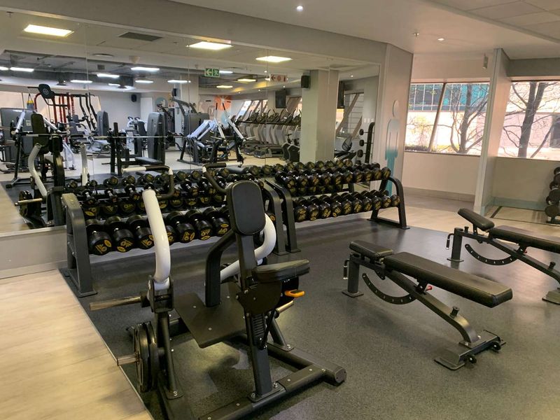 A well-equipped office gym featuring rubberized flooring, large mirrors, recessed lighting, and ample natural light from large windows.