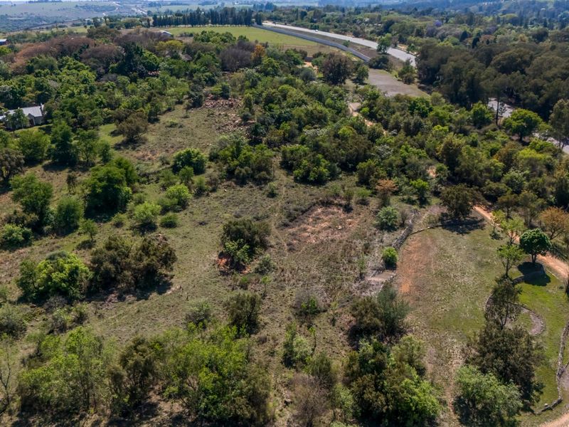 An aerial view of a large, undeveloped agricultural plot featuring natural vegetation, mature trees, and a dirt access path.