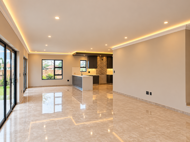 Spacious open-plan living and kitchen area featuring polished tile flooring, modern recessed lighting, and large sliding doors leading to the garden.