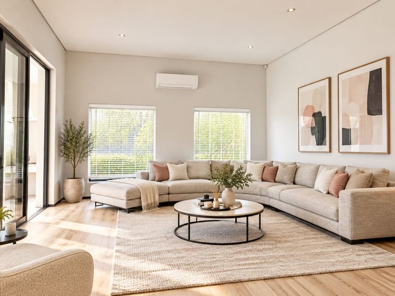 A bright and modern living room featuring timber flooring, recessed lighting, a wall-mounted air conditioner, and large sliding glass doors leading to an outdoor area.