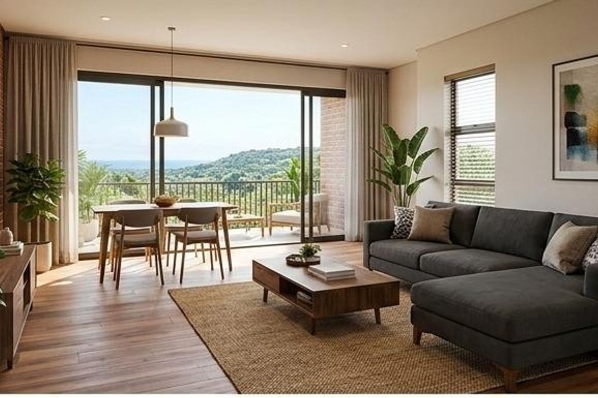 A modern open-plan living and dining area featuring exposed brick accents, timber flooring, and large sliding doors opening onto a scenic balcony.