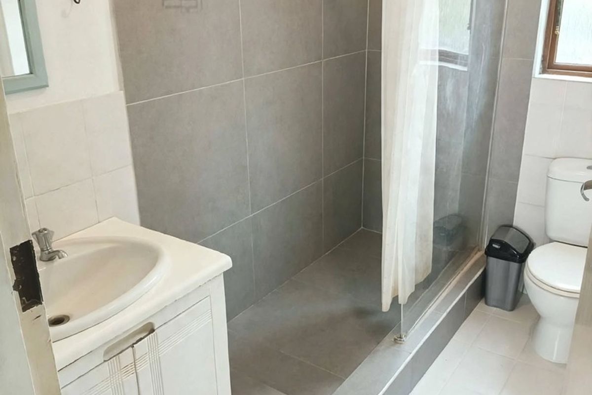 A functional bathroom featuring a walk-in shower with grey tiling, a vanity basin, and a standard toilet.