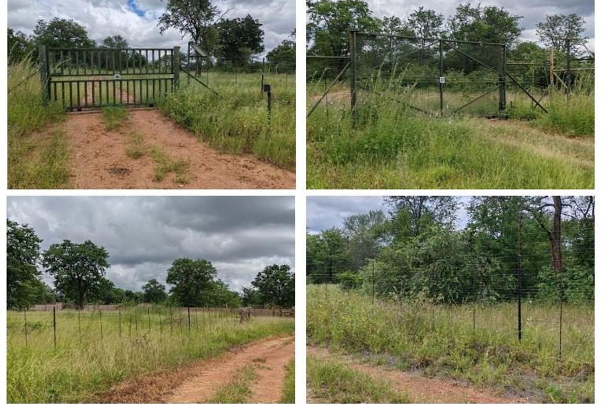 A collection of images showcasing the farm's perimeter infrastructure, including metal camp gates and standard wire fencing across the rural landscape.