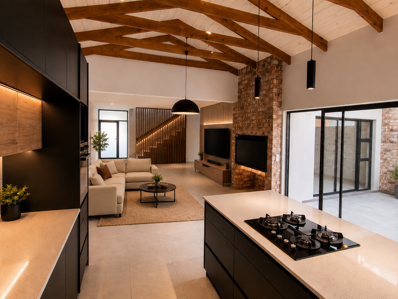 Modern open-plan living area featuring a sleek kitchen with stone island, exposed timber beams, brick feature wall, and seamless flow to the outdoor patio.