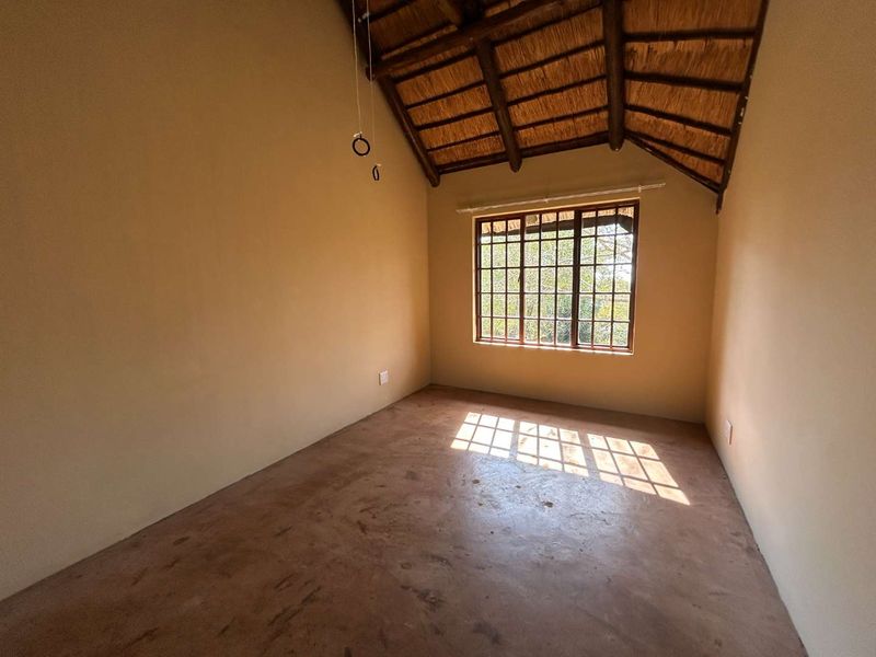 An empty bedroom featuring a high vaulted ceiling with exposed thatch and timber rafters, grid-pattern windows, and concrete flooring.