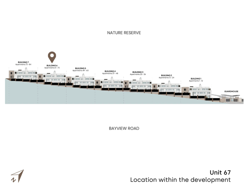 A site plan diagram illustrating the location of Unit 67 within the apartment development complex.