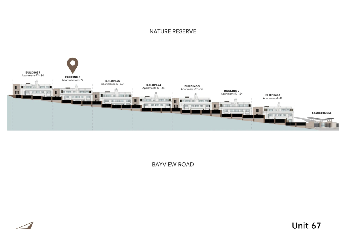 A site plan diagram illustrating the location of Unit 67 within the apartment development complex.