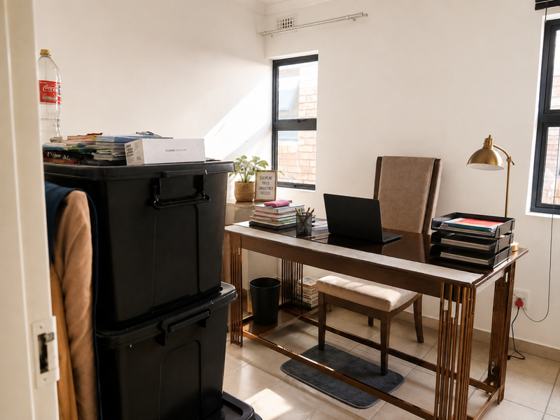 A functional home office space featuring tiled flooring and natural light through aluminium-framed windows, suitable for a dedicated workspace.