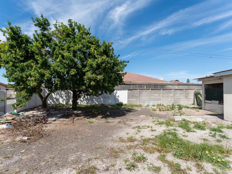 A rear yard area featuring a precast concrete boundary wall and mature tree, requiring landscaping and surface improvements.