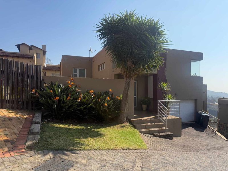 Front elevation of a modern house featuring a paved driveway, single garage, and landscaped garden area with concrete entrance steps.