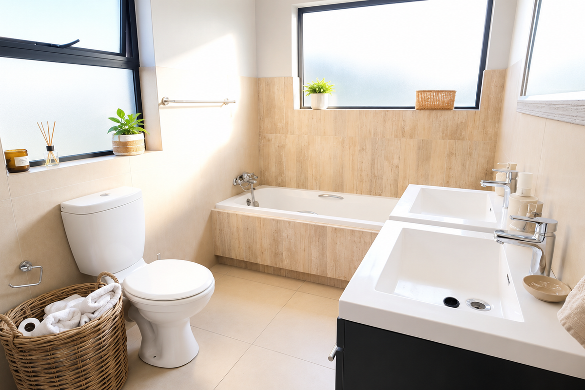 A modern, well-lit bathroom featuring a dual vanity, built-in bathtub, and neutral tiled finishes, providing a clean and functional space.