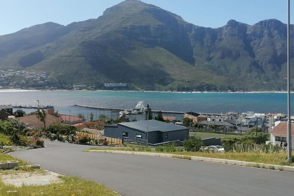 A scenic elevated view overlooking the coastal bay, surrounding residential neighborhood, and mountain range from the street level.