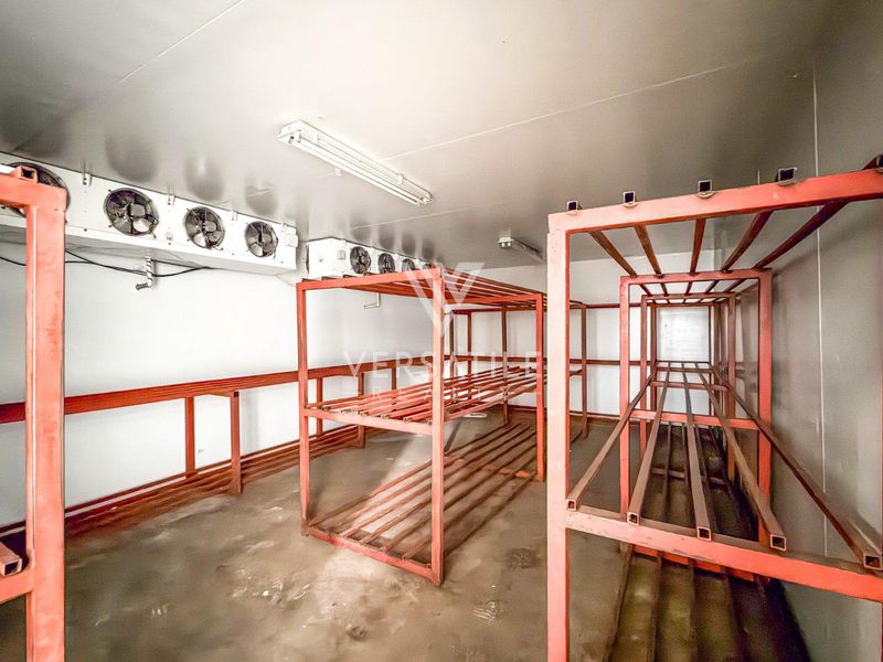 Industrial cold storage room featuring multiple refrigeration units, insulated wall panels, and fixed heavy-duty metal shelving racks for efficient storage.