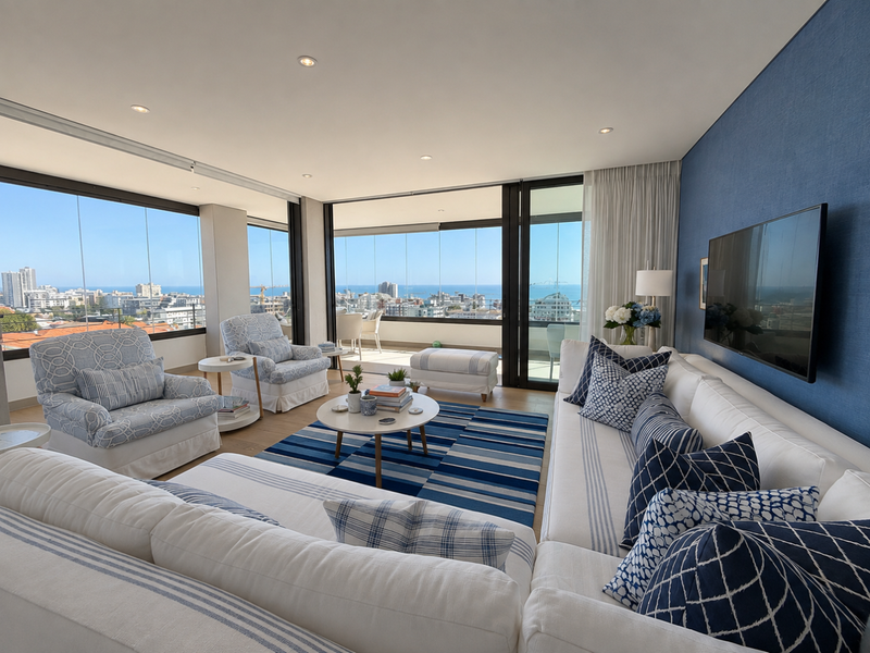 Bright and modern living room featuring floor-to-ceiling glass doors with expansive coastal and city views, complemented by high-quality finishes and an accent wall.