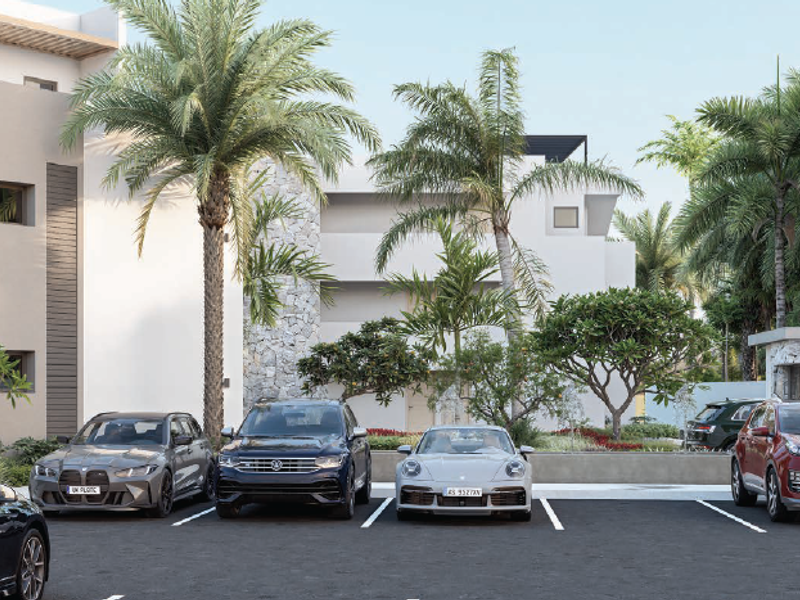 Modern penthouse exterior facade featuring stone cladding, landscaped palm trees, and a paved parking area.