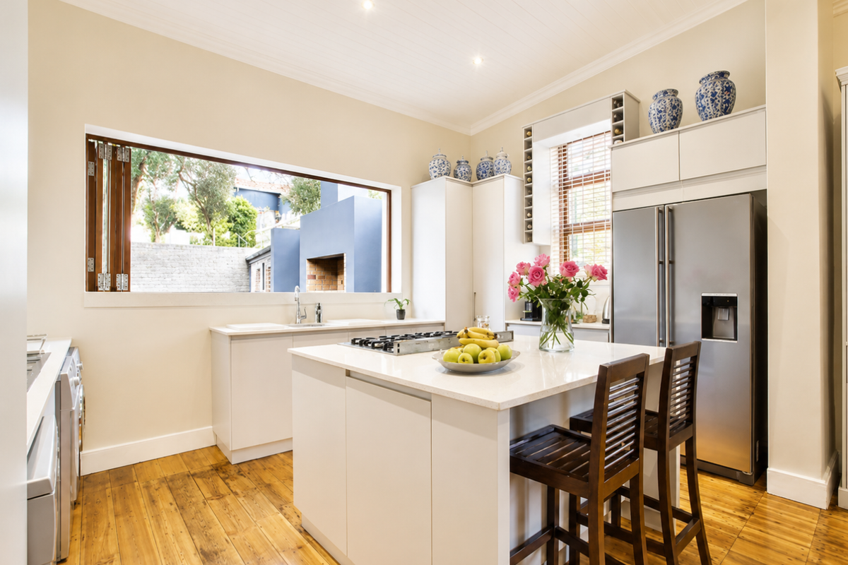Modern kitchen featuring a central island with stone countertops, gas cooktop, ample built-in cabinetry, and warm timber flooring with a view to the garden.