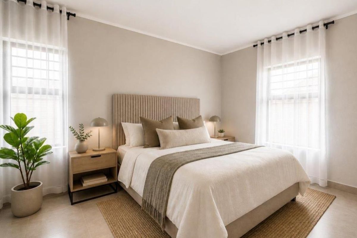 A bright and well-maintained bedroom featuring neutral wall tones, tiled flooring, and dual windows with fitted curtain rods.