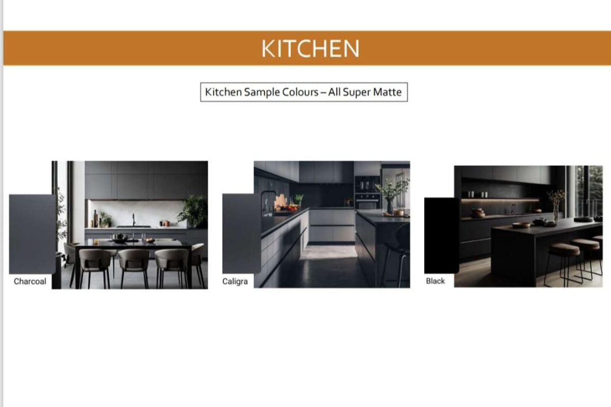 A presentation board showcasing various kitchen color options in a super matte finish, featuring modern cabinetry and island designs.