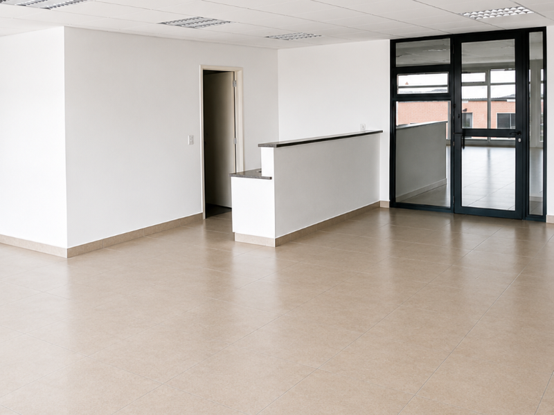 A bright, open-plan office space featuring a built-in reception counter, suspended ceiling with recessed lighting, and modern tiled flooring.