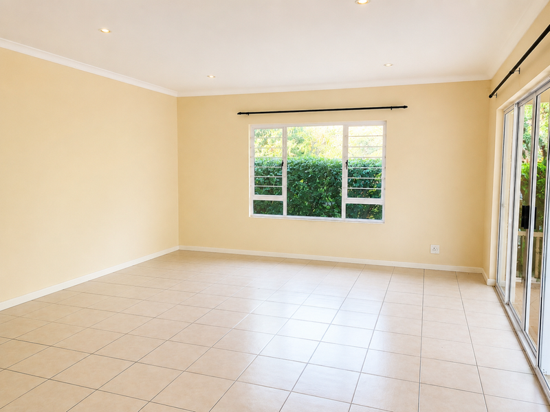 A bright, empty living room featuring neutral tiled flooring, recessed lighting, and large sliding glass doors that provide access to the outdoor area.