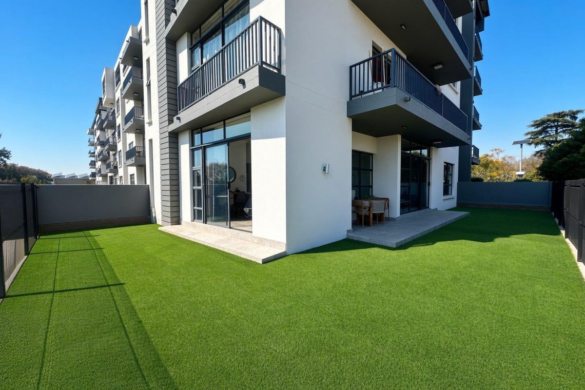 Modern apartment exterior featuring a private ground-floor garden with artificial lawn, paved patio area, and access via sliding glass doors to the living space.