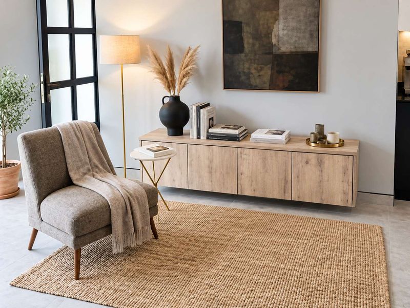 A modern living area featuring sleek floating cabinetry, neutral tiled flooring, and a stylish black-framed glass door providing natural light.