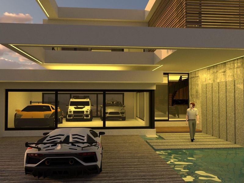 Modern architectural residence featuring a glass-fronted garage, integrated water feature, and contemporary concrete and timber facade design.