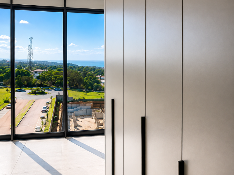 Modern bedroom featuring sleek floor-to-ceiling built-in cupboards, large windows with expansive views, and clean tiled flooring.