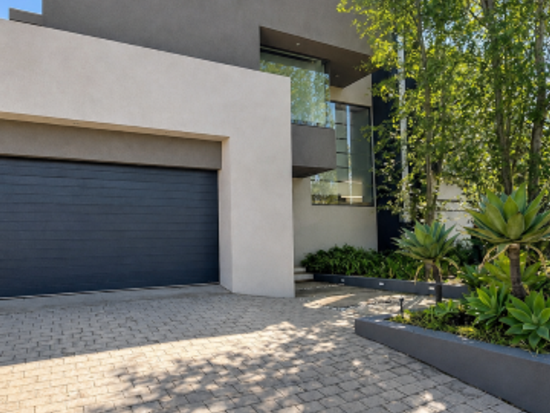 Modern architectural front facade featuring a paved driveway, integrated garage, and landscaped garden beds with contemporary finishes.