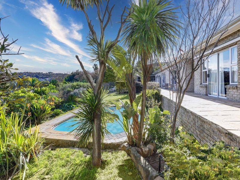 A well-maintained outdoor pool area featuring a stone-paved patio, established garden landscaping, and direct access to the home via sliding glass doors.