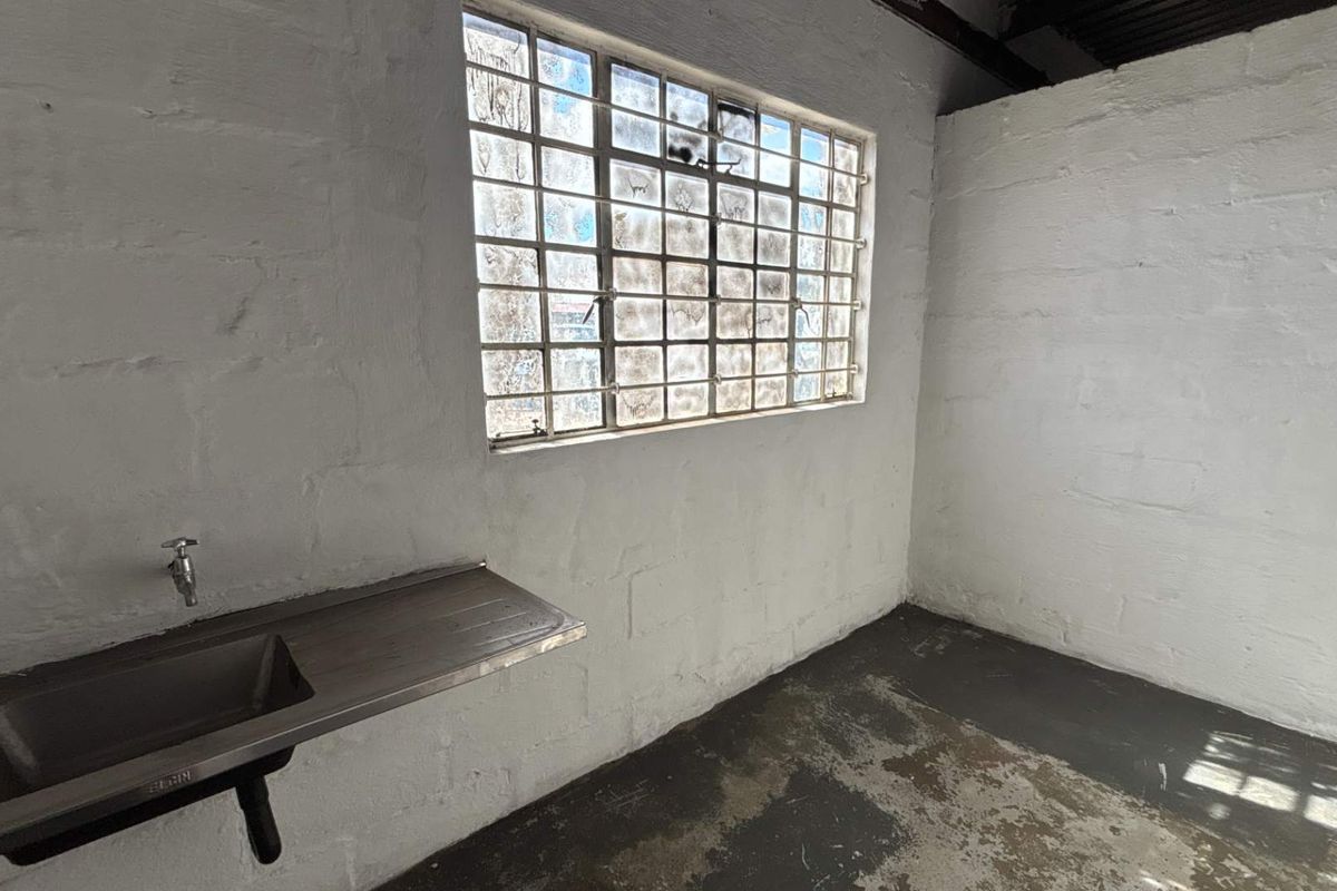 A functional industrial utility space featuring a stainless steel sink, painted masonry walls, and a large steel-framed window with concrete flooring.
