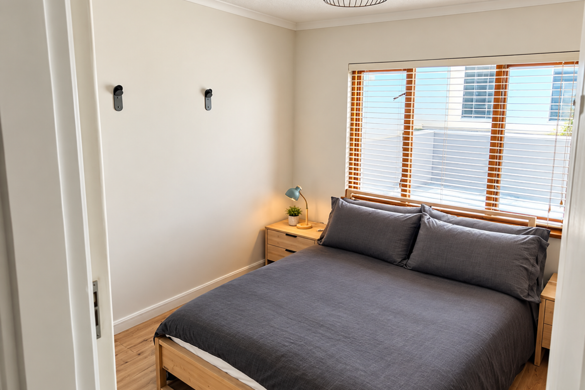 A well-maintained bedroom featuring light laminate flooring, neutral walls, and venetian blinds, offering a clean and comfortable living space.
